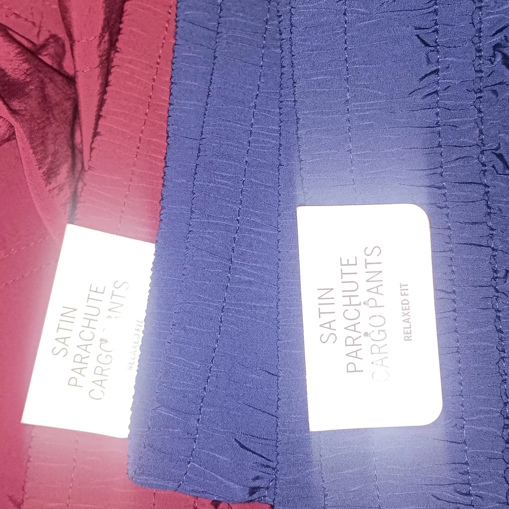 3 Pair Of PINK Victoria's Secret Satin Cargo Pants in Red, Olive, and Blue